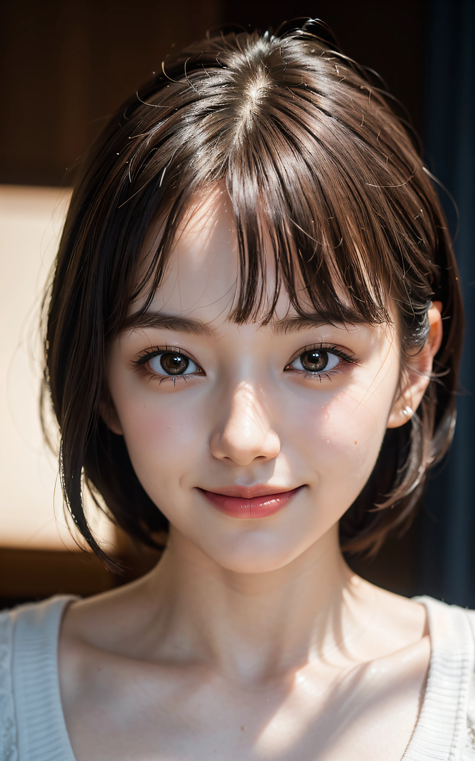 (Masterpiece:1.3), (8k, Photorealistic, RAW Photography, Best Quality: 1.4), soft light, professional lighting, 1girl,  16 years old, cute, neat and clean beauty, closed mouth, smile, Brown short hair, bangs,