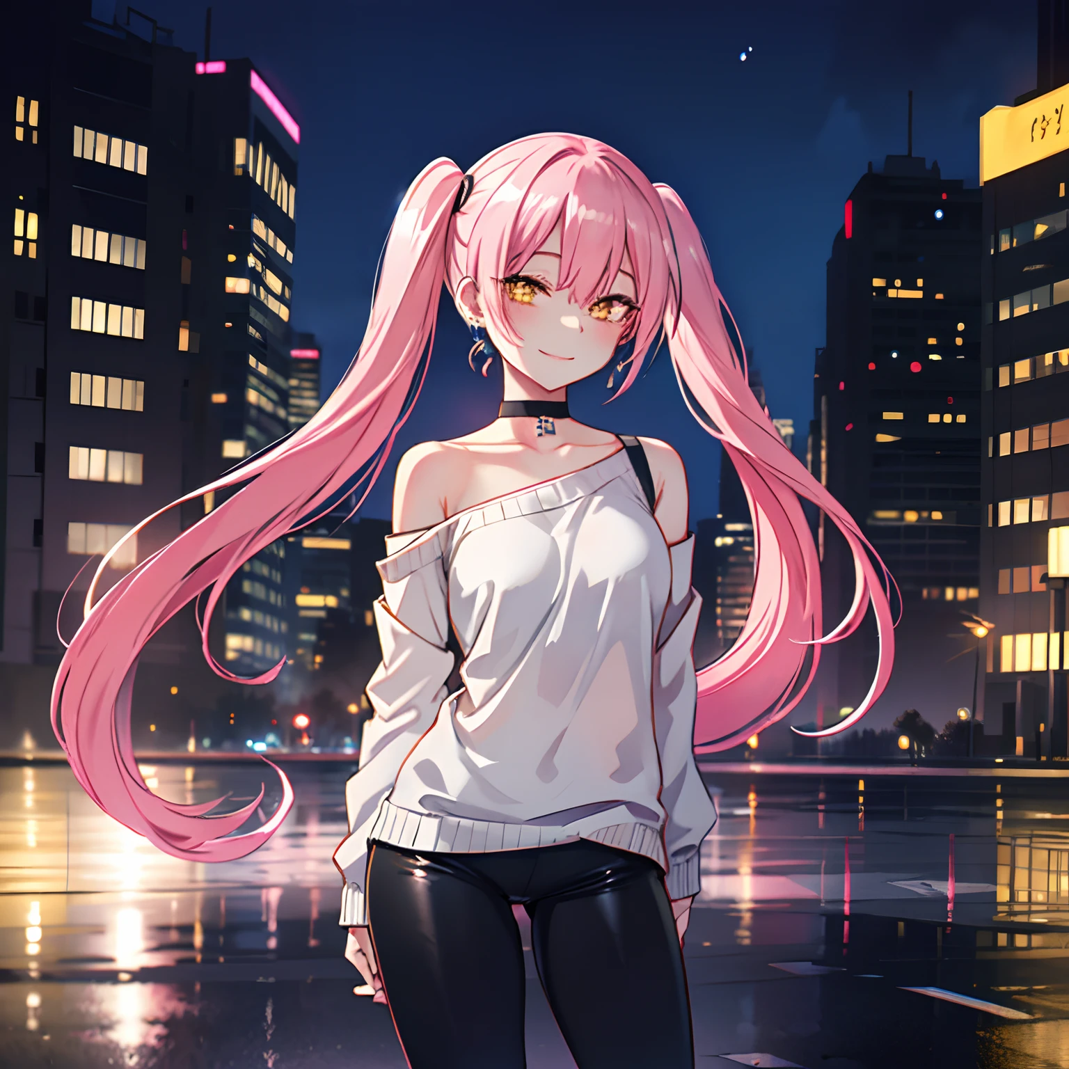 1 girl, yellow eyes, Twintails hair, long hair, pinkish hair, medium breast, medium ass, smile, Happy, Bobby pins, Choker, smile, happy facial, city, Night, Earrings, Black leggings, light gray drop shoulder sweater top, concrete wall background, blurred background, posing, ultra detailed, 8K wallpaper, reflection light, ray tracing, realistic