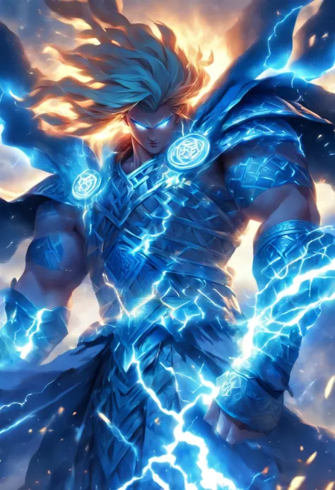 (((Cian))) best quality, ultra-high resolution, 4K detailed CG, masterpiece,Celtic God,thunders, ,Celtic clothes,blue clothes, Celtic mythology, ((God of Thunder)) , Celtic image, aesthetic, screen-centric