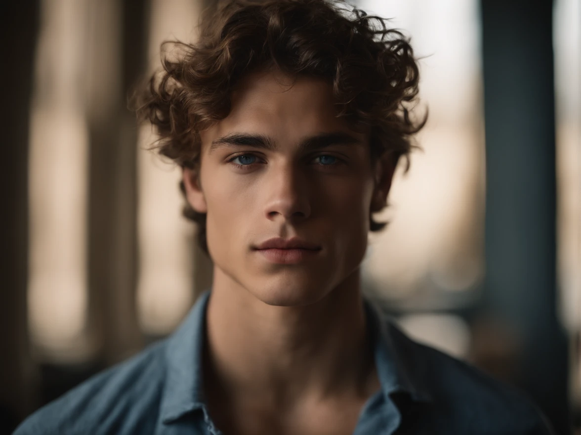 Portrait of a handsome male model, 16 ans, Barechest, sans barbe, avec sombre, messy wavy hair, Yeux bleu clair super clair, thick lips, defined muscles, accepter, ripped body, Prise de vue du corps entier, ultra highest detailed face, Darmatic Lighting, Dim Light, jambes ouvertes