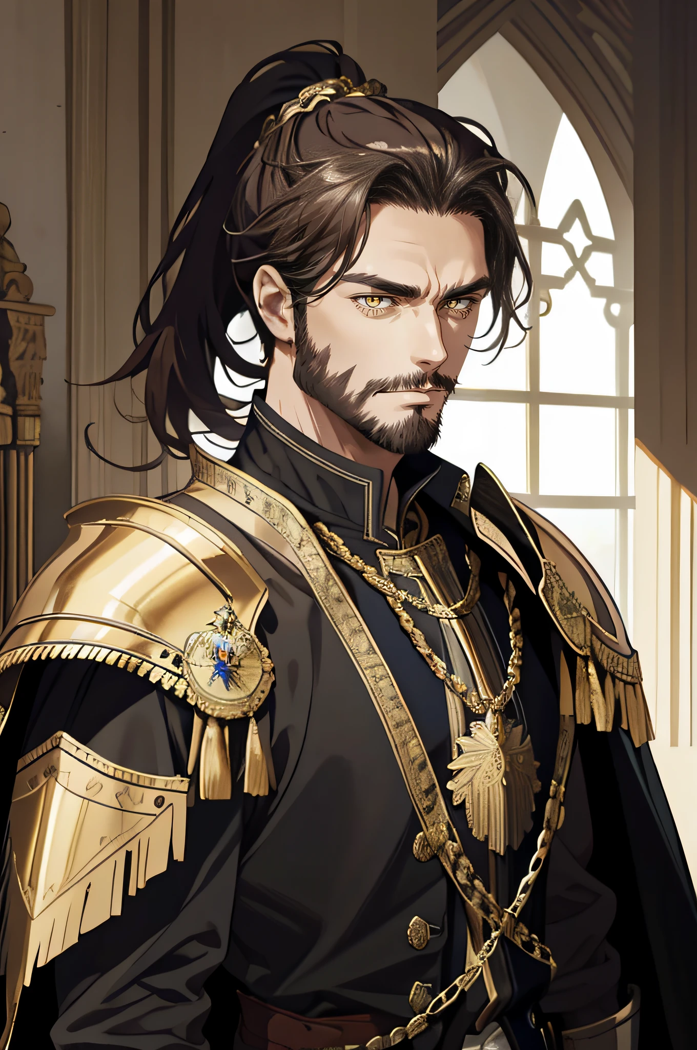anime boy, forelock combed to the left, black hair, oval face, black beard  and mustache - SeaArt AI