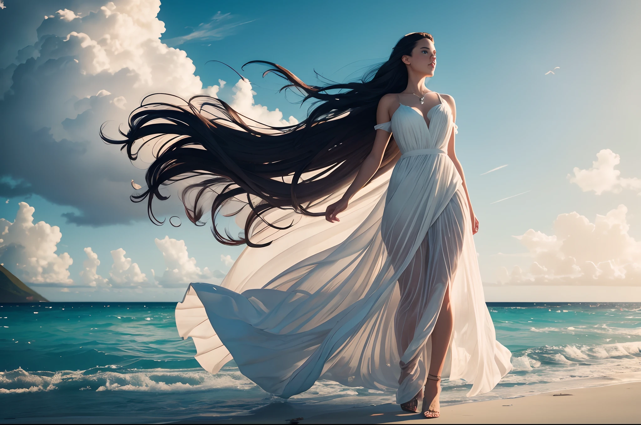 lushill style, Paint a picture of a lovely Icelandic woman standing on the beach of a beautiful Caribbean sea / her long porcelain white dress is blowing in the wind / watching a cloud pass by in the distance by studio Ghibli, Beautiful face/ by artgerm, by wlop, by greg rutkowski, volumetric lighting, 4 k resolution, trending on artstation, masterpiece / complete and attractive face