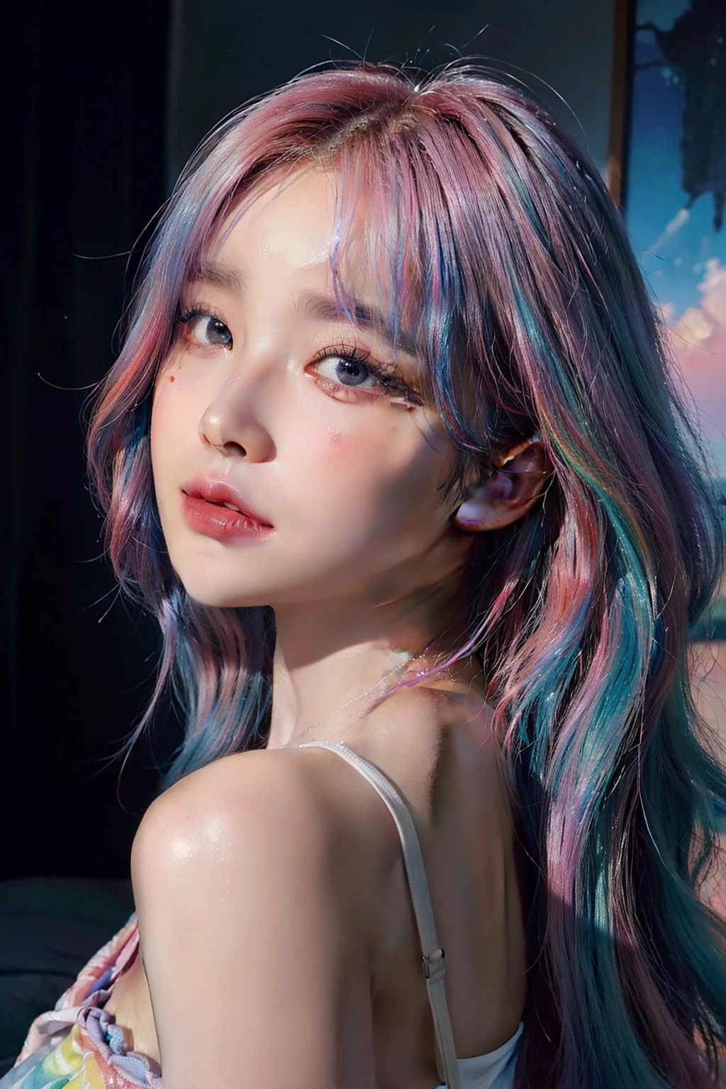 (​masterpiece、top-quality、top-quality、watercolor paiting(Curly)、Official Art、Beautifully Aesthetic:1.2)、(1girl in:1.3)、(Fractal art:1.3)、The upper part of the body、from side、looking at the viewers、patterns、(rainbow-colored hair、colourful hair、Half blue and half pink hair:1.2)、Eau、liquids、​​clouds、colourfull、starrysky、stele、Beautiful skin、Clear skin、young skin、high-level image quality、Exquisite makeup、Plump lips、Fresh lips