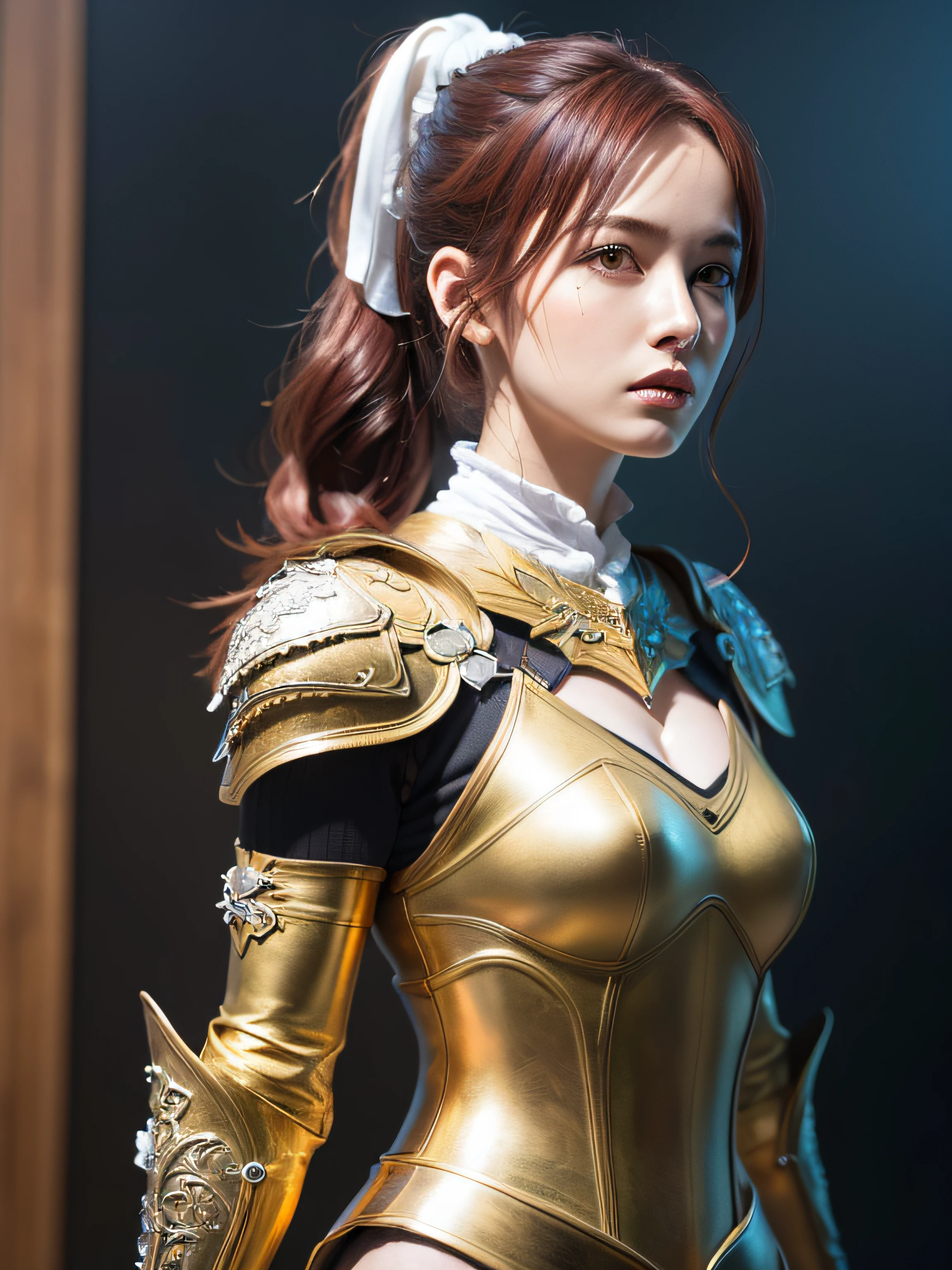 (8k, foto en bruto, mejor calidad, Mesa:1.2), (Realista, Fotorrealista:1.4), (Highly detailed CG Unity 8k wallpaper), cuerpo completoesbiano (lotr:1.1) mujer en oro (armadura de cuero:1.3), armadura desgastada, (increíblemente detallado:1.5), oro y (blanco:1.5), Retrato de arte conceptual de Greg Rutkowski, germen de arte, ultra detallado, tendencias de arte gótico complejo y detallado en estaciones de arte, fantástico, detalles intrincados, (pequeños reflejos azules:1), (cabello rojo, Pelo ondulado, Cola de caballo alta: 1.4)