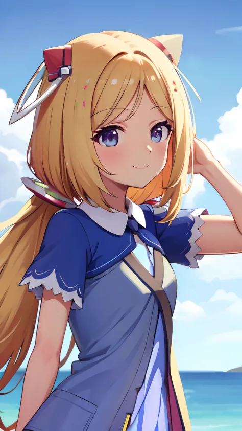 Aki Rosenthal
,Hair falling out, Long hair, low twintails, Headgear
,Collared dress, Short dress, Blue jacket, Short sleeves, White Gloves, elbow groves,a smile