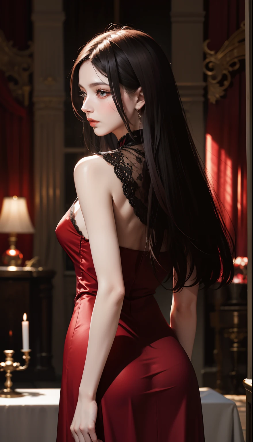 Crimson elegant silk french style babydoll woman, Classical art、, Red highlights on black hair、disheveled long hair,Bewitching behavior、Side Camera Angle、sideways Facing、Take your eyes off、Red Eyeliner、long lashes,Dimly lit Gothic Room, Standing with a little attitude、Realistic smooth skin delicately expressed in every detail,Realistically reproduces muscle texture、Dim dance venue、some background blur