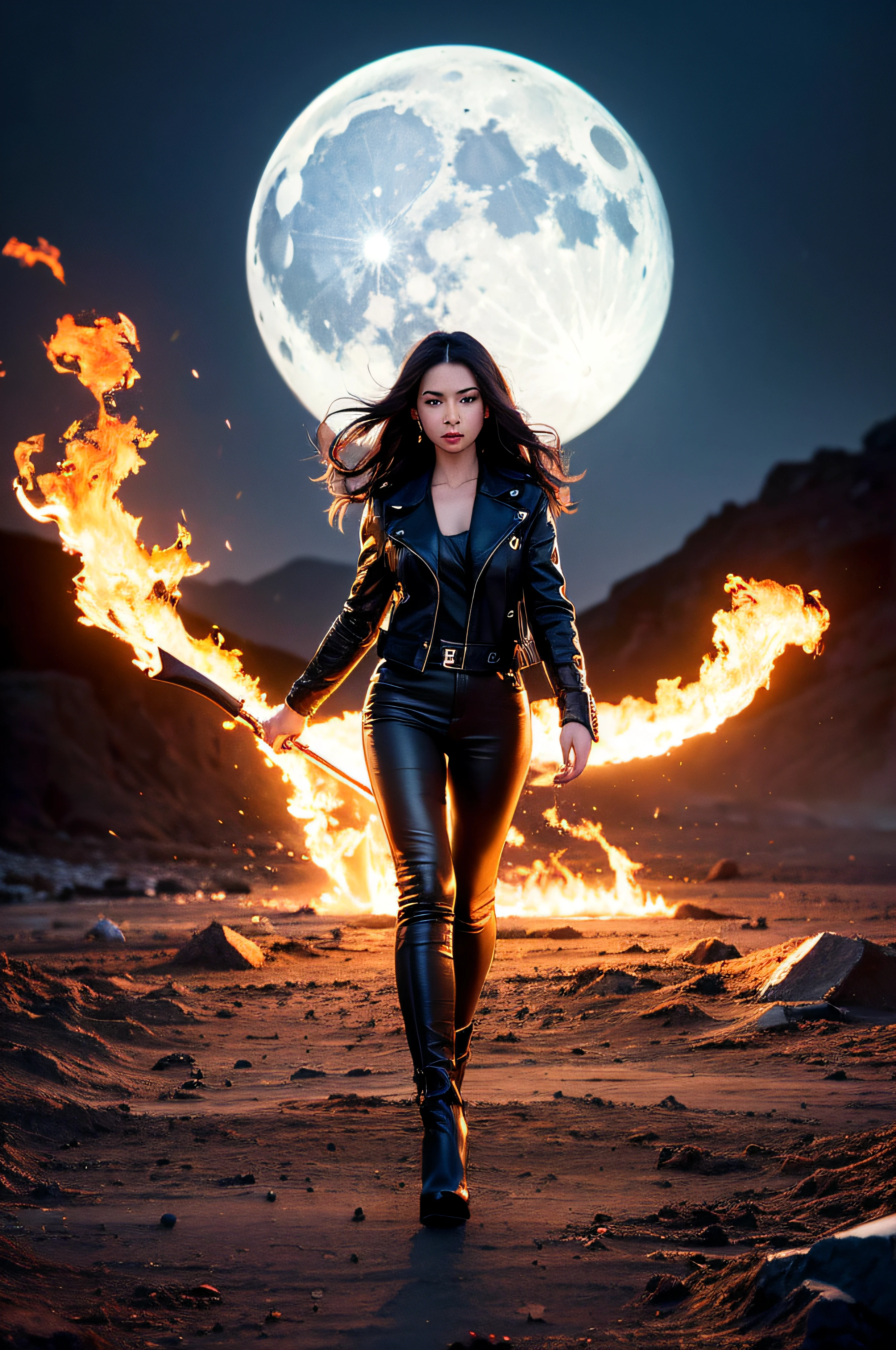 1girl, long curly black hair, brown eyes, wearing black leather jacket, black leather long pants, black boots, high res, ultrasharp, 8K, masterpiece, looking at viewer, full body photo, magnificent scene, epic scenes, moon, fire, warrior, mountains, hero, black sunglasses