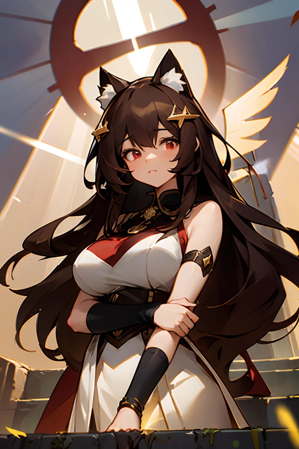 1 girl, brown hair, glowing red eyes, (goddess), large cat ears, divine intervention, sunlight, sunrays, offerings, stairs, hair ornament, long hair, large breasts, angel, standing tall, wearing a himation, looking down on viewer, portrait