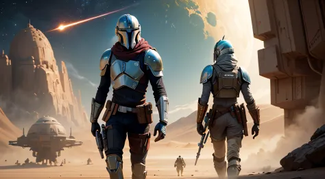 The Mandalorian, star wars, adventurous hero, futuristic concept art, detailed armor and weaponry, epic battle scenes, alien creatures, diverse landscapes, best quality, HDR, professional lighting, ultra-detailed characters, realistic environments, vivid c...