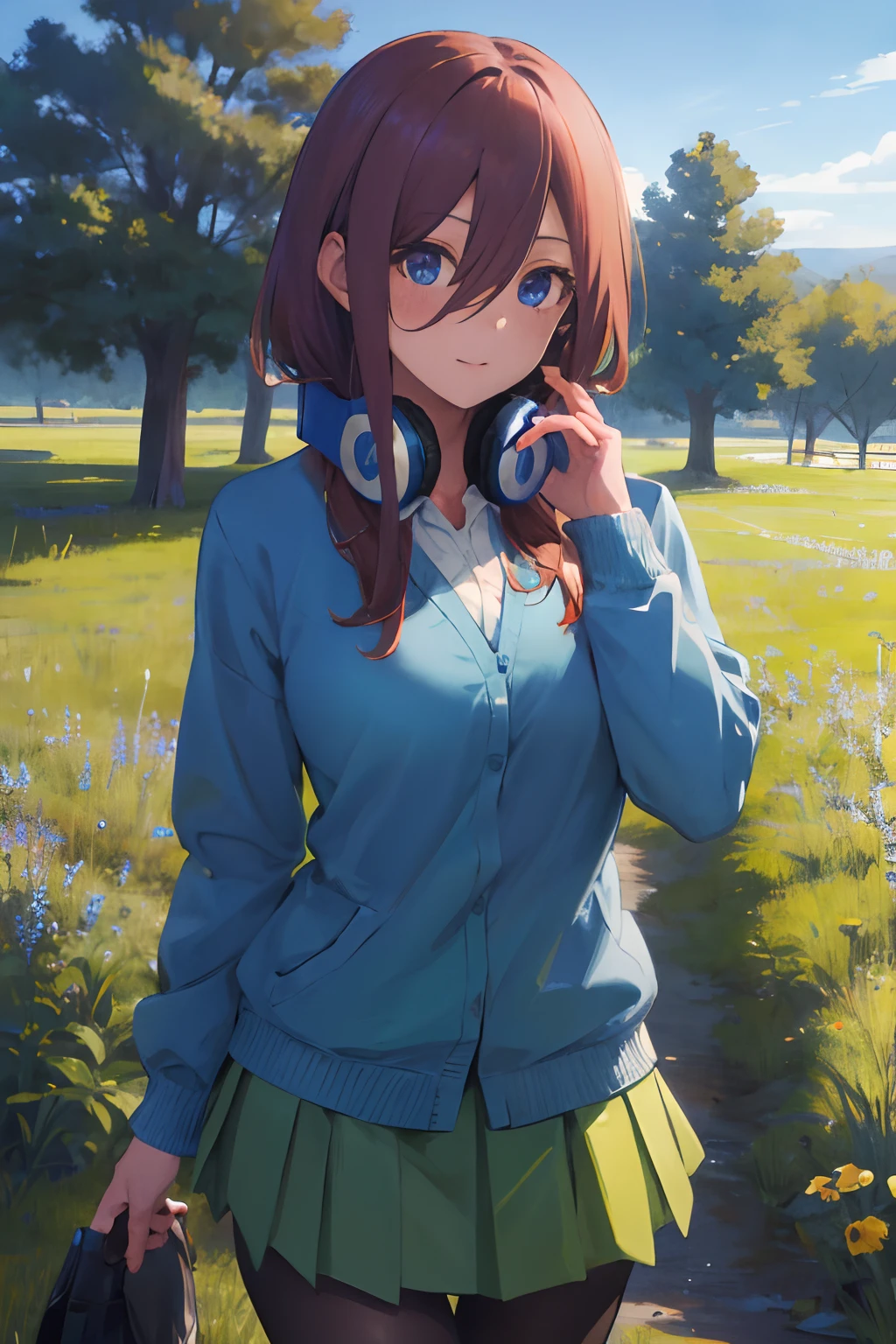 masterpiece, best quality, highres, nm1, headphones around neck, school uniform, long sleeves, blue cardigan, green skirt, pantyhose, cowboy shot, field, wariza