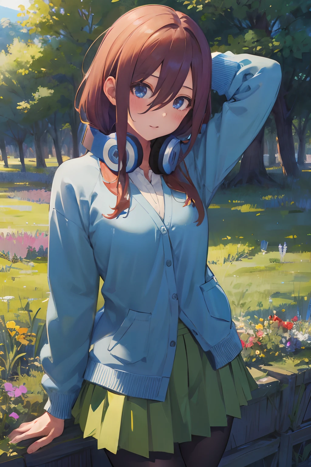 masterpiece, best quality, highres, nm1, headphones around neck, school uniform, long sleeves, blue cardigan, green skirt, pantyhose, cowboy shot, field, wariza