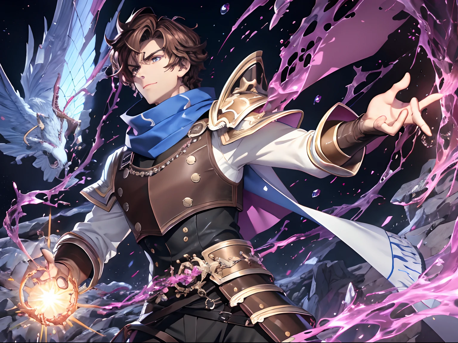 (((Top quality, 8k, masterpiece))) Anime style, young evil male, short brown curly hair with half bangs, wild wavy hair, white pants, dark red blouse underneath a brown leather vest, armored wrists, brown boots with armor, blue scarf, blue scarf, wider face, brown angry eyes, angered grin, dark cave with crystal blue water background, dynamic pose, pink purple crystals sprouting from arm