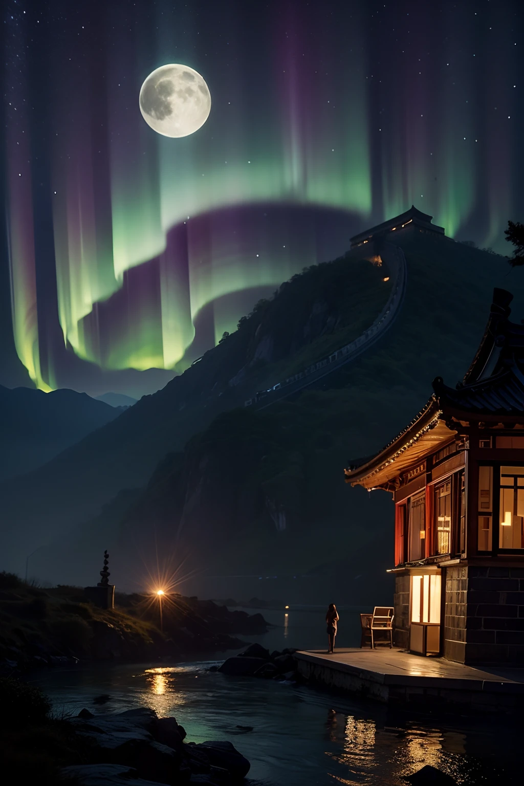 (8k, best quality, top level: 1.1), traditional architecture, high mountains and aurora borealis, is build above the stars, Gigantic ((The Great Wall of China)), gloomy night, moon, background, flowing water and detailed elements below, (aurora)