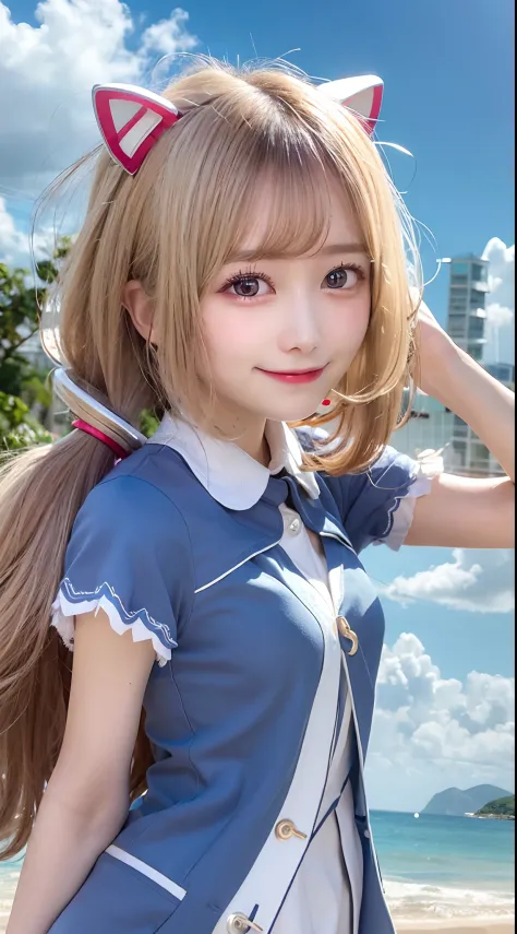 Aki Rosenthal
,stray hair, Long hair, low twintails, Headgear
,Collared dress, Short dress, Blue jacket, Short sleeves, White Gloves, elbow groves,A smile
