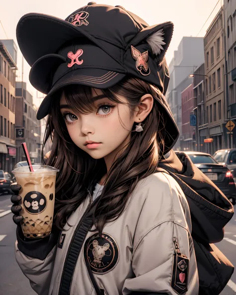 Memphis,1girl, big eyes,solo, jacket, animal ears, gloves, tail, upper body,  hat, holding, brown hair, open jacket, drinking st...
