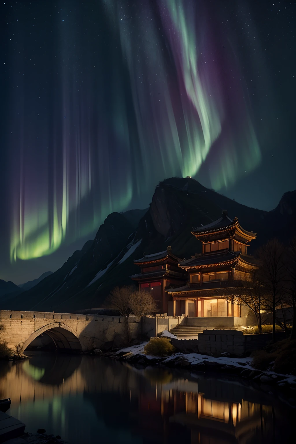 (8k, best quality, top level: 1.1), traditional architecture, high mountains and aurora borealis, is build above the stars, ((The Great Wall of China)), gloomy night, moon, background, flowing water and detailed elements below, (aurora)