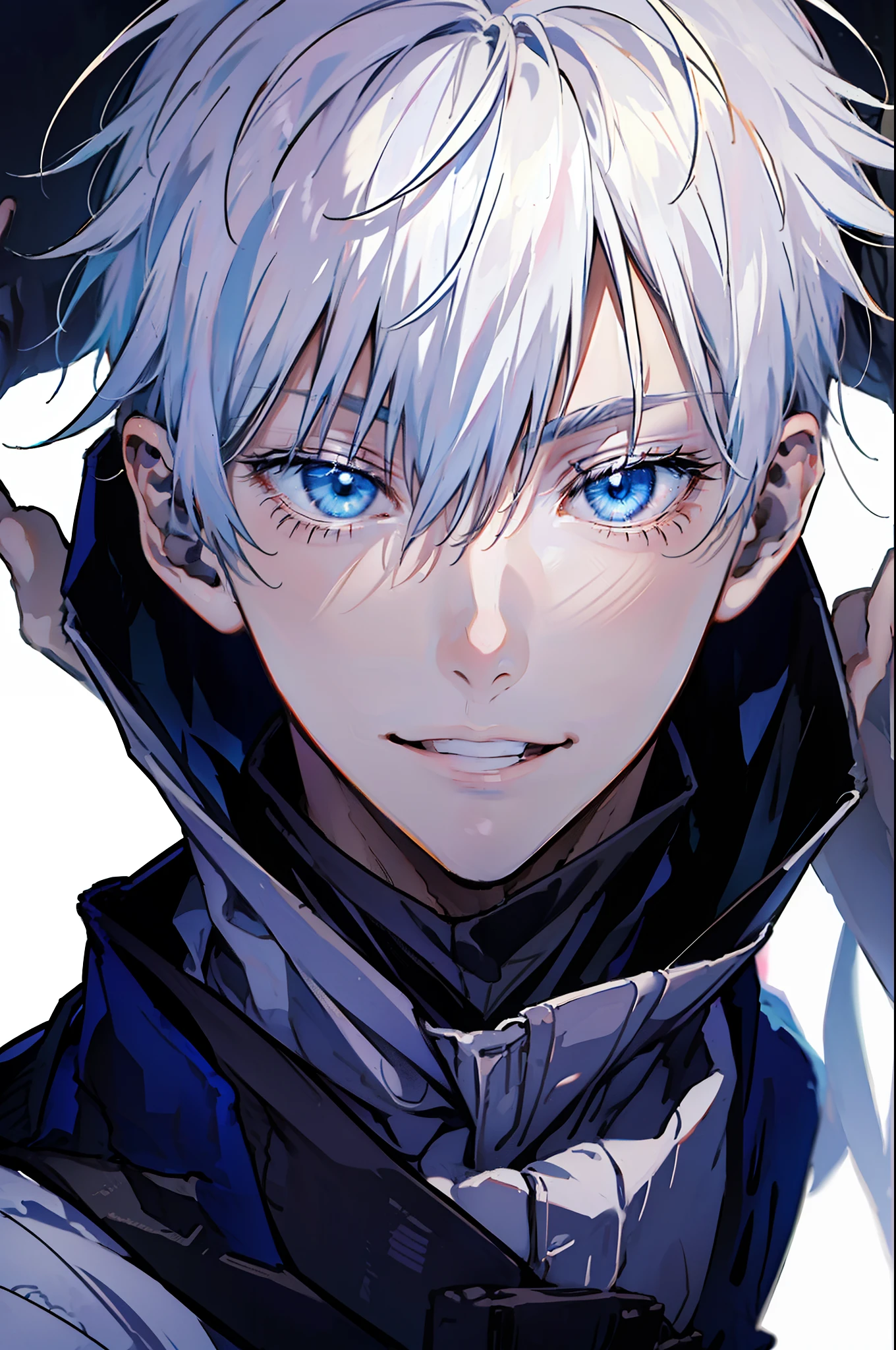 Anime boy with white hair and blue eyes in a black jacket - SeaArt AI