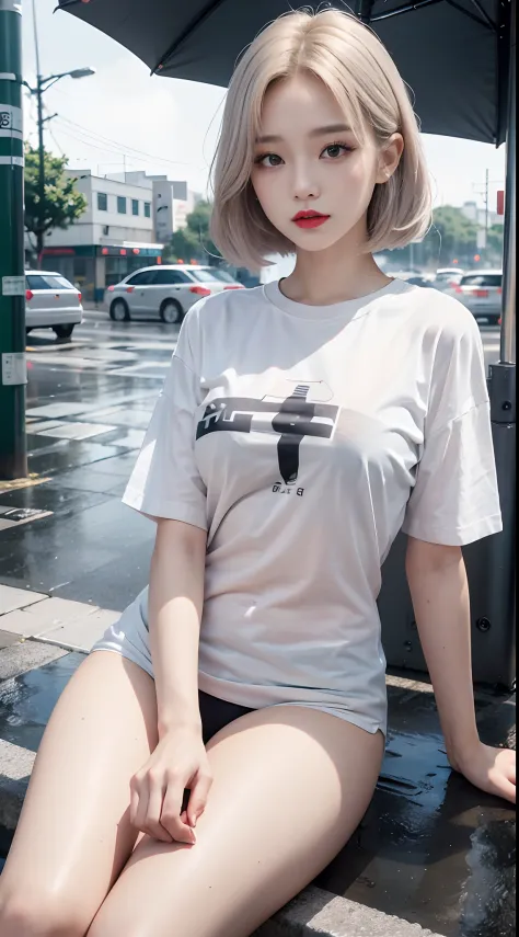 It was raining heavily, Best quality, 4K, 8K, Detailed faces, Beauty girl, Korean makeup, Red lips, Kaihuai, Perfect body, Medium breasts, upper legs, Platinum hair, Girl in long t-shirt, T-shirts only, and thigh T-shirts, thin tshirt, T-shirt underwear, s...