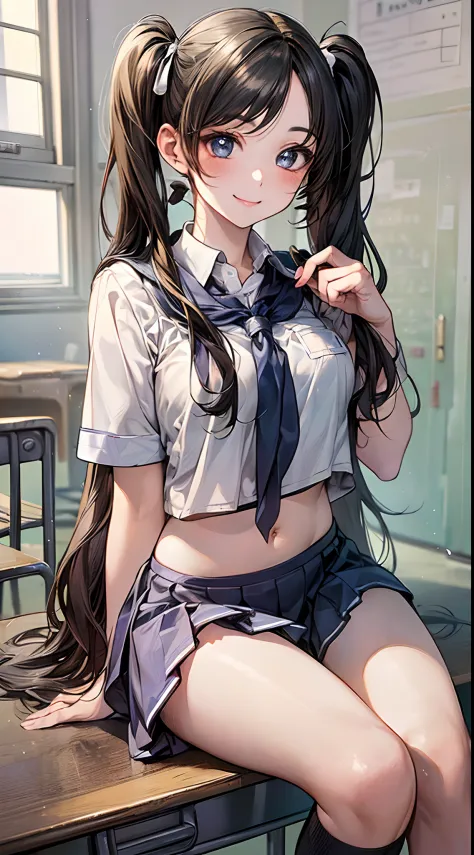 1 girl, japanese, white skin, medium chest, watching the view, (smile:1.5), 
beautiful detailed eyes, (long hair:1.4, twintails:1.7), (navel:1.1)
(kawaii school uniforms:1.5), 
day time, schools, (homeroom:1.5), 
(8k, maximum quality, masterpiece:1.2​), (r...