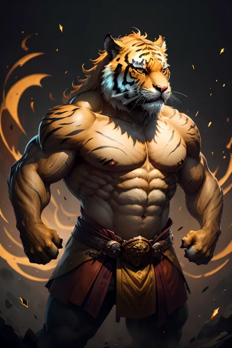 Design playful and brave tiger cartoons in Tang Dynasty style in the zodiac, Its costume has a bright Tang dynasty big red，The feeling of golden light，The tiger's expression is brave， The artwork has a vintage visual style，With a hint of nostalgia. The fur...