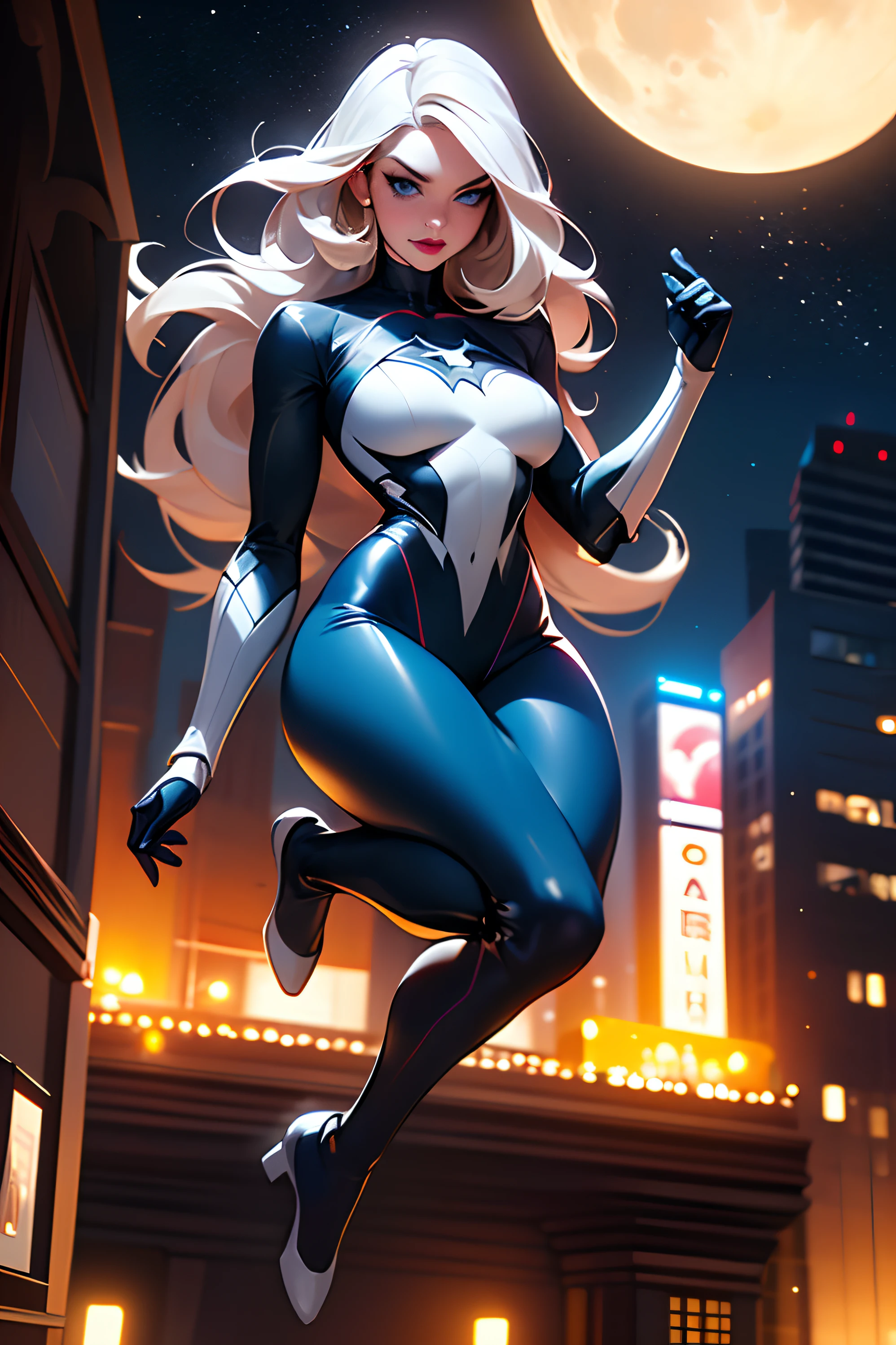 (Masterpiece, 4k resolution, ultra-realistic, very detailed), (White superhero theme, charismatic, there's a girl on top of town, wearing Spider-Man costume, she's a superhero), [ ((perfect face), (perfect eyes), (long white hair:1.2), full body, (blue eyes:1.2), ((Spider-Man pose),show of strength, jumping from one building to another), ((sandy urban environment):0.8)| (cityscape, at night, dynamic lights), (full moon))] # Explanation: The Prompt mainly describes a 4K painting of ultra-high definition, very realistic, very detailed. It shows a superheroine at the top of the city, wearing a Spider-Man costume. The theme in the painting is a white superhero theme, the female protagonist has long white hair, young woman, and her entire body is shown in the painting. In terms of portraying the actions of superheroines, spiders are employed
