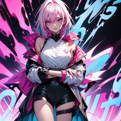 girl, white pink hair, cool black open short jacket labeled "CruciA", tatoos, messy fade cut hair, crazy, stand pose, on futuris...