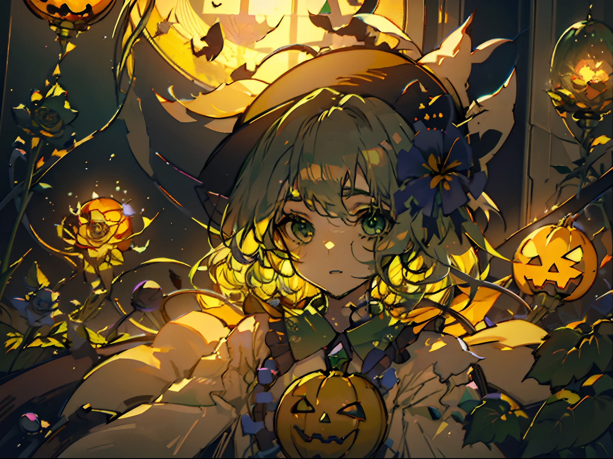 Masterpiece, fine detail, 4k, 8k, 12k, solo, solo, beautiful girl, white woman, Koishi Komeiji, green hair, hat, feathers, church, stained glass, indoor, rose flower, blood splatter, Halloween, jack o lantern, yellow rose