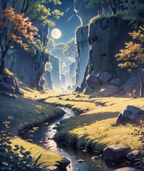 Very good 8KCG wallpapers, very fine 8K CG wallpaper, watercolor (medium), (((dark, Dark Night, Deep Night, the moon))) ((Sky color: dark blue)) (((Natural Background, rock formations, wood))), path, a meadow, ((plein air)) (((Character Deletion))) (((Excl...