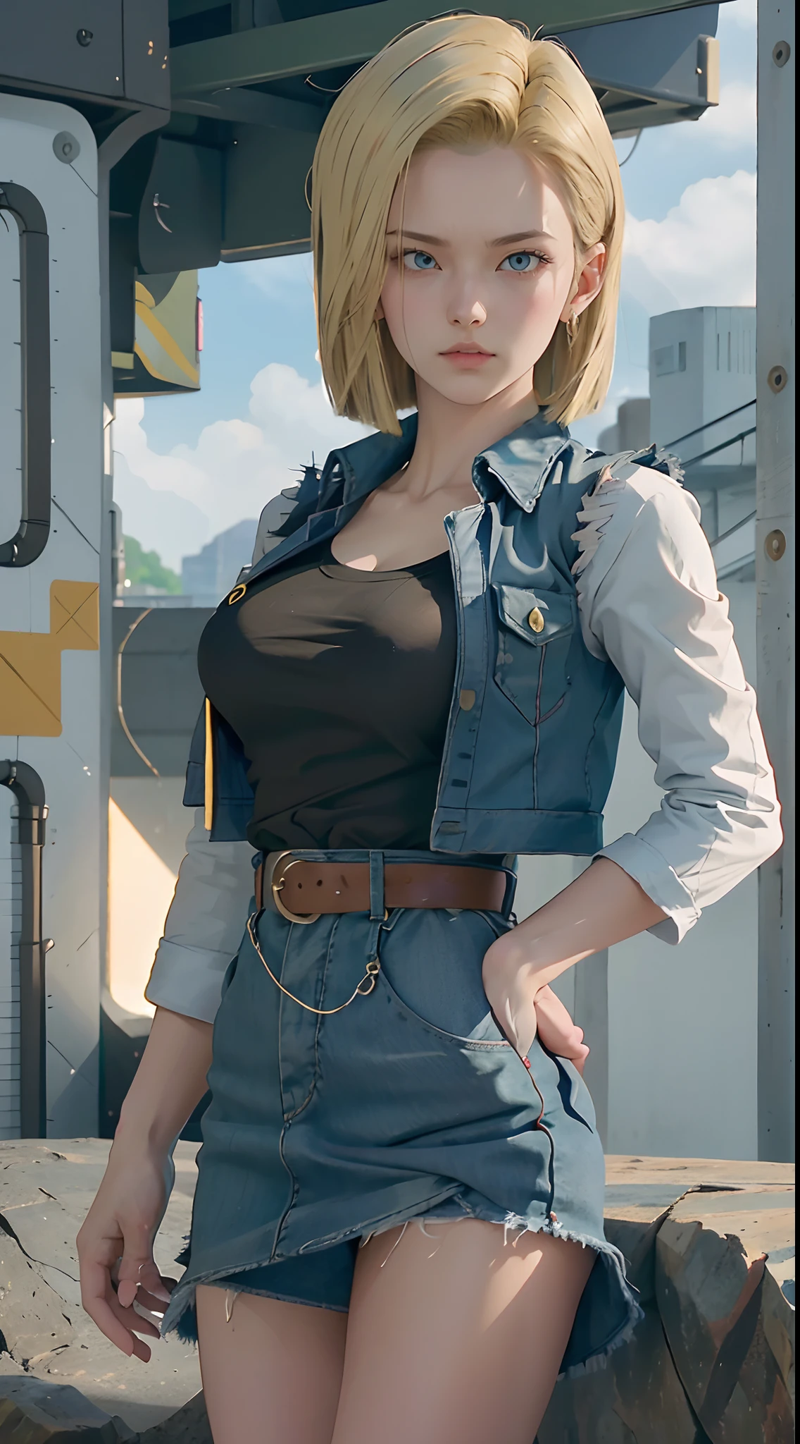 Hyper detailed image, UHD, 16k, professional photo, (Realistic photo of Android-18 from Dragon Ball Z) girl Goddess of beauty, very straight short blonde hair, serious face expression, (she wears a blue denim jacket and a cropped shirt , short white underground showing flesh of the breast), erotic, open denim jacket showing her large, beautiful and perfect breasts, long pointed breasts sticking out of the jacket, (she wears a belt and a blue denim skirt lifted showing micro panties stuck in her pussy), hair bubians showing, brown boots, perfect hands and fingers,
  android 18, sexy saiyan girl, Official Art, Android-18 Sexy female, official character art, sexy female protagonist, lean and fit curved body :8, Akiri Toriyama, Director: Akira Toriyama, Bulma from Dragon Ball, Best Character Design Anime, Akira Toriyama style, beautiful single character, half naked