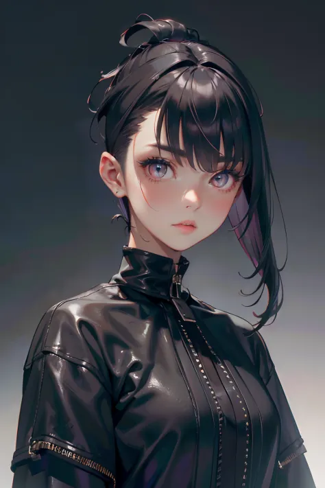 a 20 yo woman、A dark-haired、(hi-top fade:1.3)、dark themed、Muted Tones、Subdued Color、highly contrast、(natural skin textures、Hyper-Realism、Soft light、sharp)