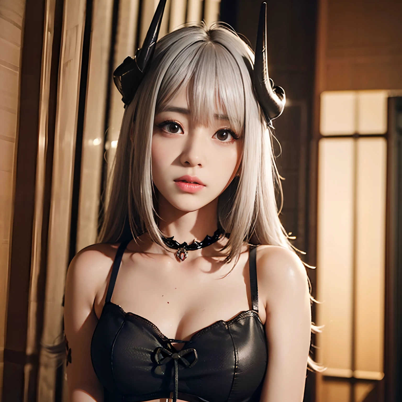 Lady with long white hair and bangs, red eyes, black horns, and black dress, Mudrock arknights, (masterpiece, top quality, best quality, official art, beautiful and aesthetic:1.2), (1girl), extremely detailed, colorful, highest detail, perfect face, HDR, (perfect anatomy), shiny skin best quality, masterpiece, (photorealistic:1.4), neutral closed mouth, blushing face, pretty kiritani mirei face, thin grey eyebrows, (comfortable room, cozy, dim lighting fancy hotel background:1.7)