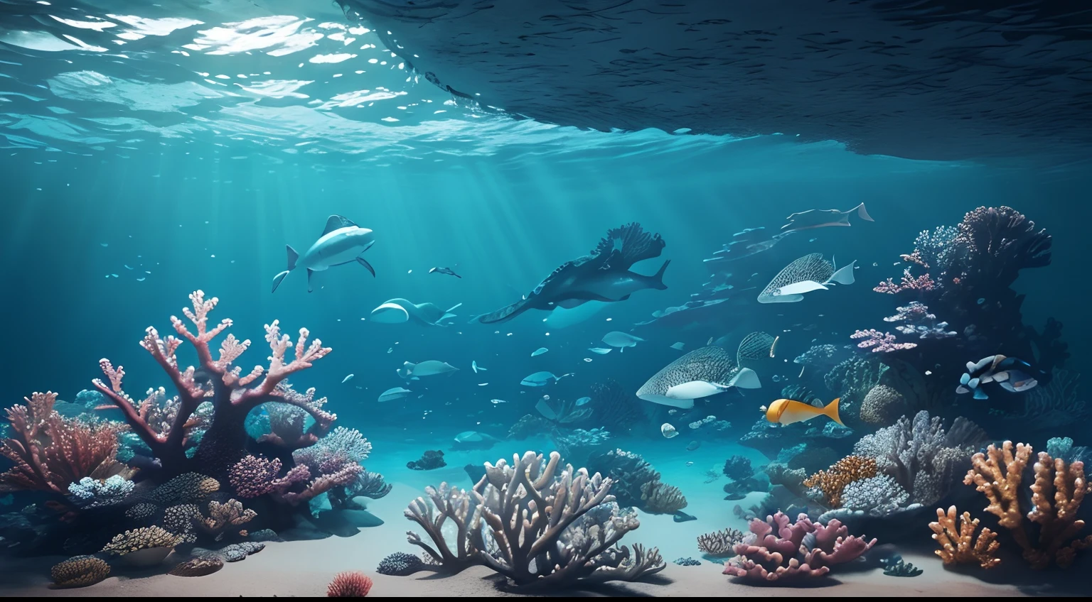 Conceptual Art of Marine Life, Undersea scenery, Marine life，Beautiful coral reefs come in many shapes, 。.3D，, Fish, Women Animated Fantasy Illustration. Long gray hair scattered in the sea, drift, Very harmonious. The whole painting adopts a messy and imaginative painting style. the color is bright and saturated, And with smooth lines. The mystery and beauty of the sea, This picture is、It depicts an underwater world full of vitality and vitality, Animation Art Wallpapers 8K