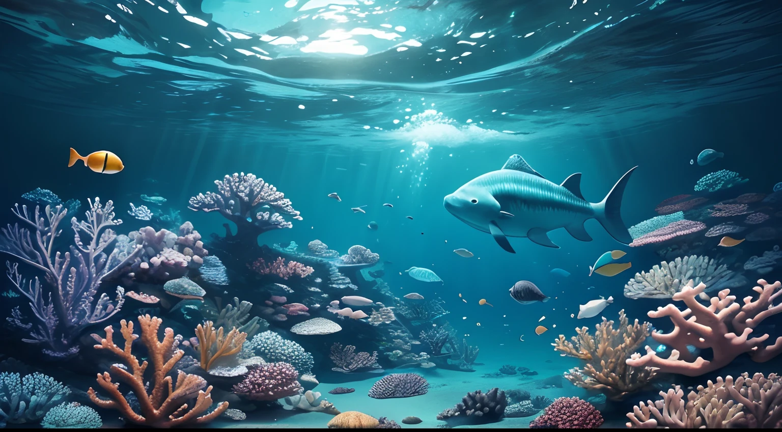 Conceptual Art of Marine Life, Undersea scenery, Marine life，Beautiful coral reefs come in many shapes, 。.3D，, Fish, Women Animated Fantasy Illustration. Long gray hair scattered in the sea, drift, Very harmonious. The whole painting adopts a messy and imaginative painting style. the color is bright and saturated, And with smooth lines. The mystery and beauty of the sea, This picture is、It depicts an underwater world full of vitality and vitality, Animation Art Wallpapers 8K