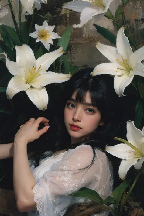 (oil painting:1.5),
\\
a woman with (black long hair with flat bangs), ((green eyes)) and lily flowers in her hair is laying down in a field of white lily flowers, (amy sol:0.248), (stanley artgerm lau:0.106), (a detailed painting:0.353), (gothic art:0.106...