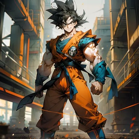 masterpiece, best quality, 1boy, (goku), short hair, black hair, black eyes,  blue boots, orange clothes, training, standing, sm...