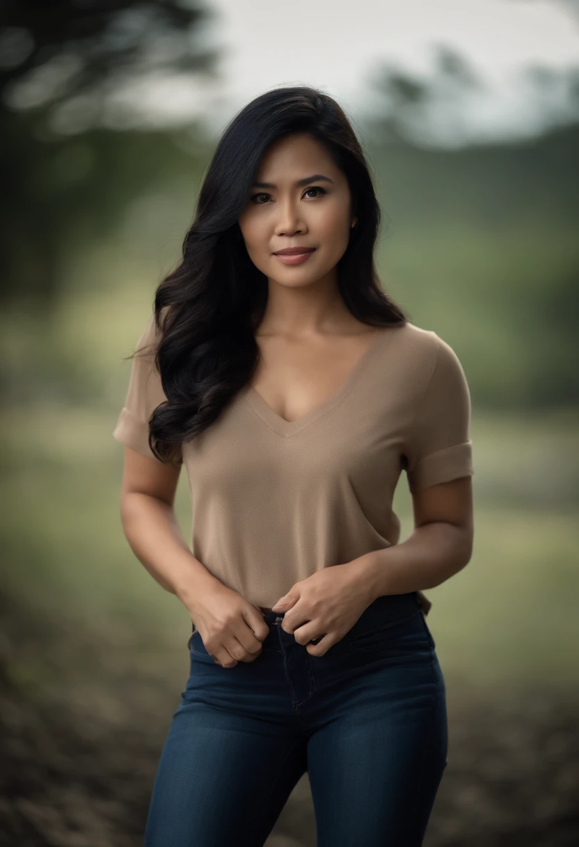 A woman in a tan shirt and jeans posing for a photo - SeaArt AI