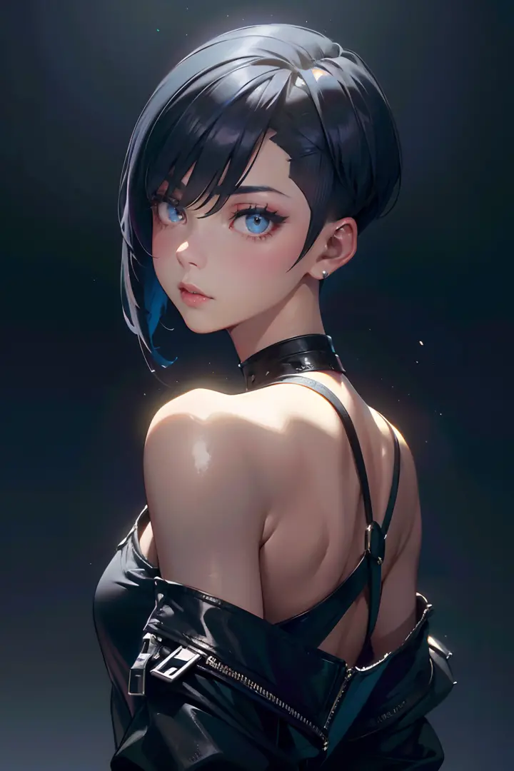 a 20 yo woman、Black blue hair、Bery short hair、(hi-top fade:1.3)、dark themed、Muted Tones、Subdued Color、highly contrast、(natural skin textures、Hyper-Realism、Soft light、sharp)