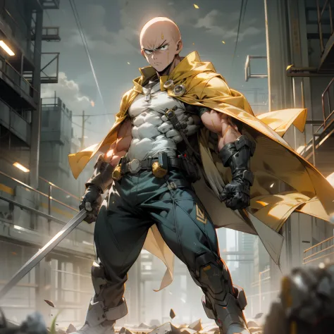 masterpiece, best quality, 1boy, (saitama), bald hair, black eyes,  blue boot, red gloves, yellow clothes, white cape, standing,...