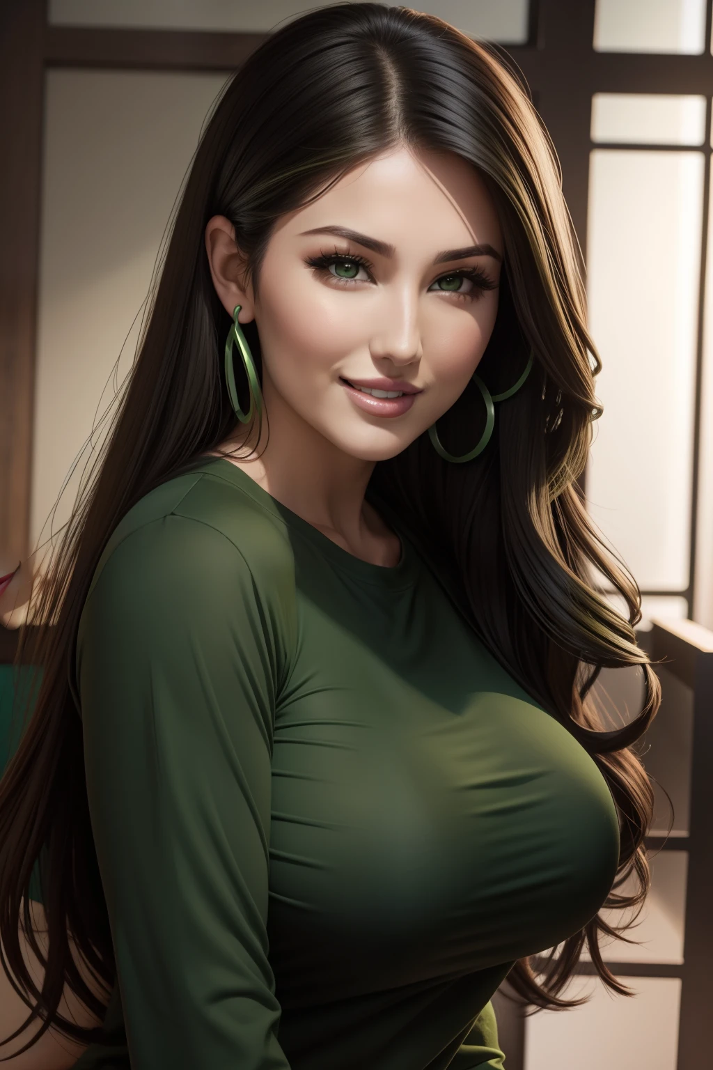 lucy pinder, face portrait, smiling, black hair, long hair, green lipstick, long sleeve t-shirt, green t-shirt, asian woman