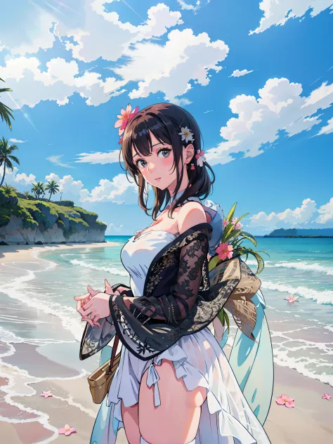 Anime girl in white dress on the beach with flowers in her hands, marin kitagawa fanart, Beautiful anime, Beautiful Anime Portra...