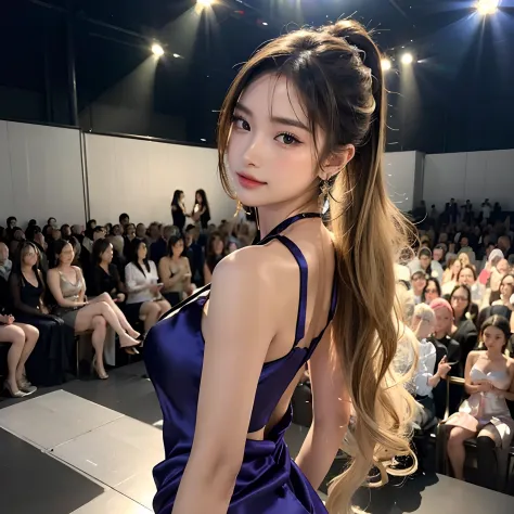 ((32K, top-quality, ​masterpiece:1.5, 超A high resolution, Photorealistic light and shadow)), 1girl in, age19, (Catwalk on the runway of a famous fashion show), Highly detailed face and limb texture, Fair skin, Slimming beauty, Extremely beautiful face:1.1,...