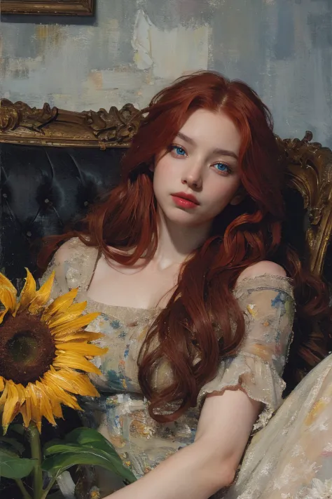 (oil painting:1.5),
\\
a woman with (long red wavy hair), ((blue eyes)) and sunflowers in her hair is laying down in a field of sunflowers, (amy sol:0.248), (stanley artgerm lau:0.106), (a detailed painting:0.353), (gothic art:0.106)