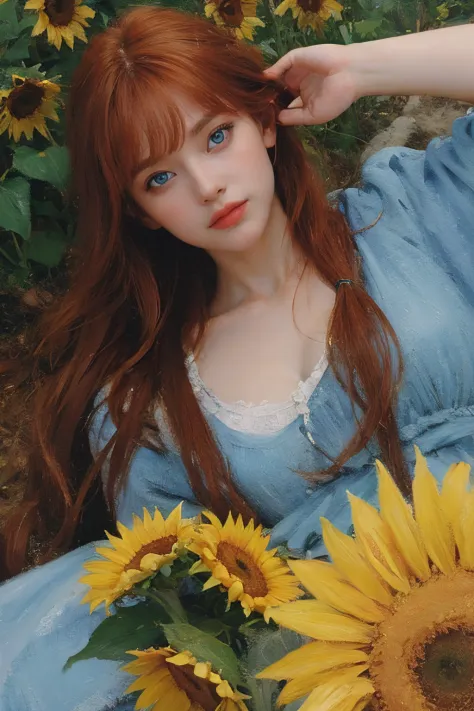 (oil painting:1.5),
\\
a woman with (long redhead wavy hair with bangs), ((blue eyes)) and sunflowers in her hair is laying down in a field of sunflowers, (amy sol:0.248), (stanley artgerm lau:0.106), (a detailed painting:0.353), (gothic art:0.106)