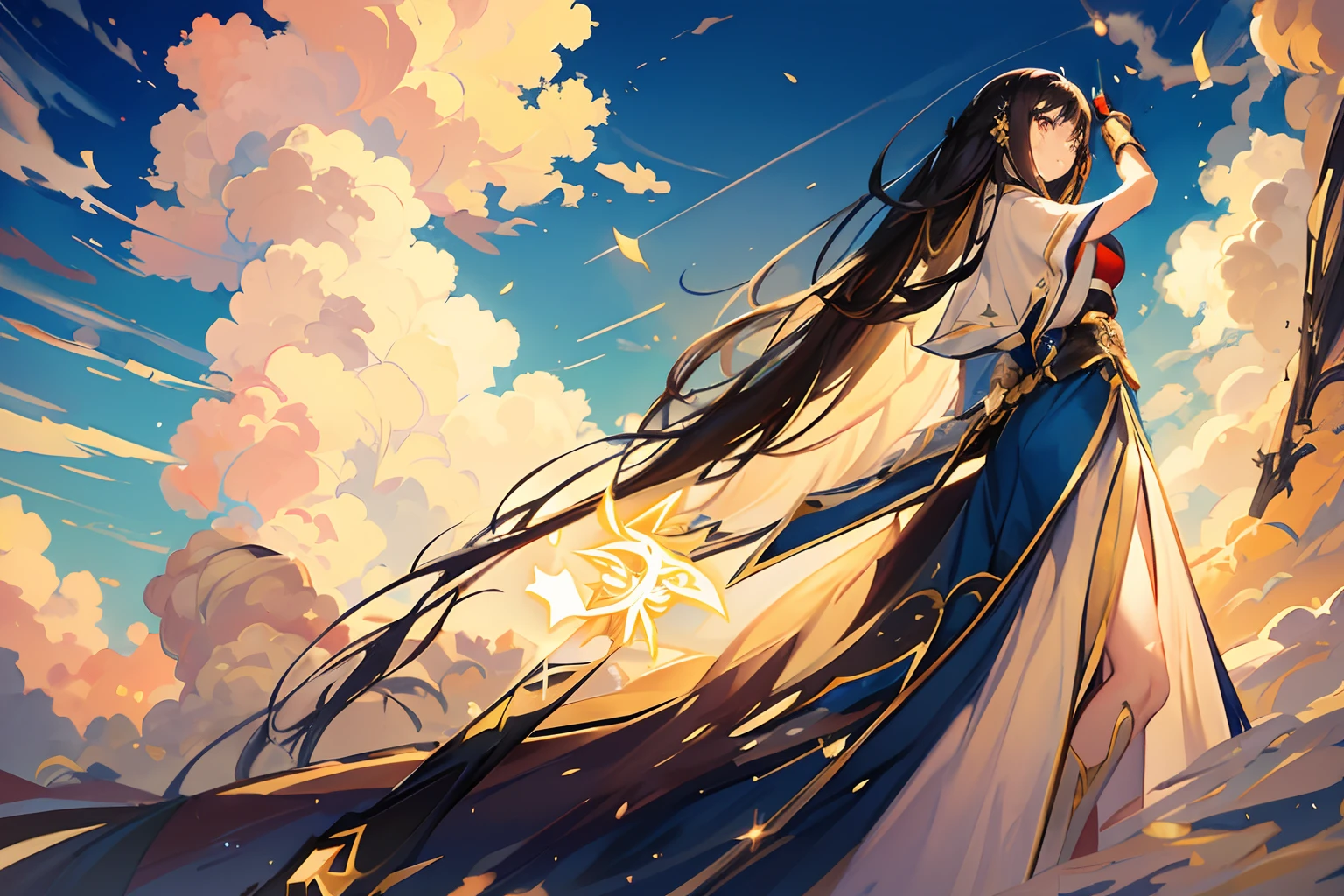 Long black hair, brown starry eyes, white Chinese swordswoman dress, futuristic sword with golden hilt radiating glowing shapes, blue sky and cloud background, beautiful detailed anime girl face