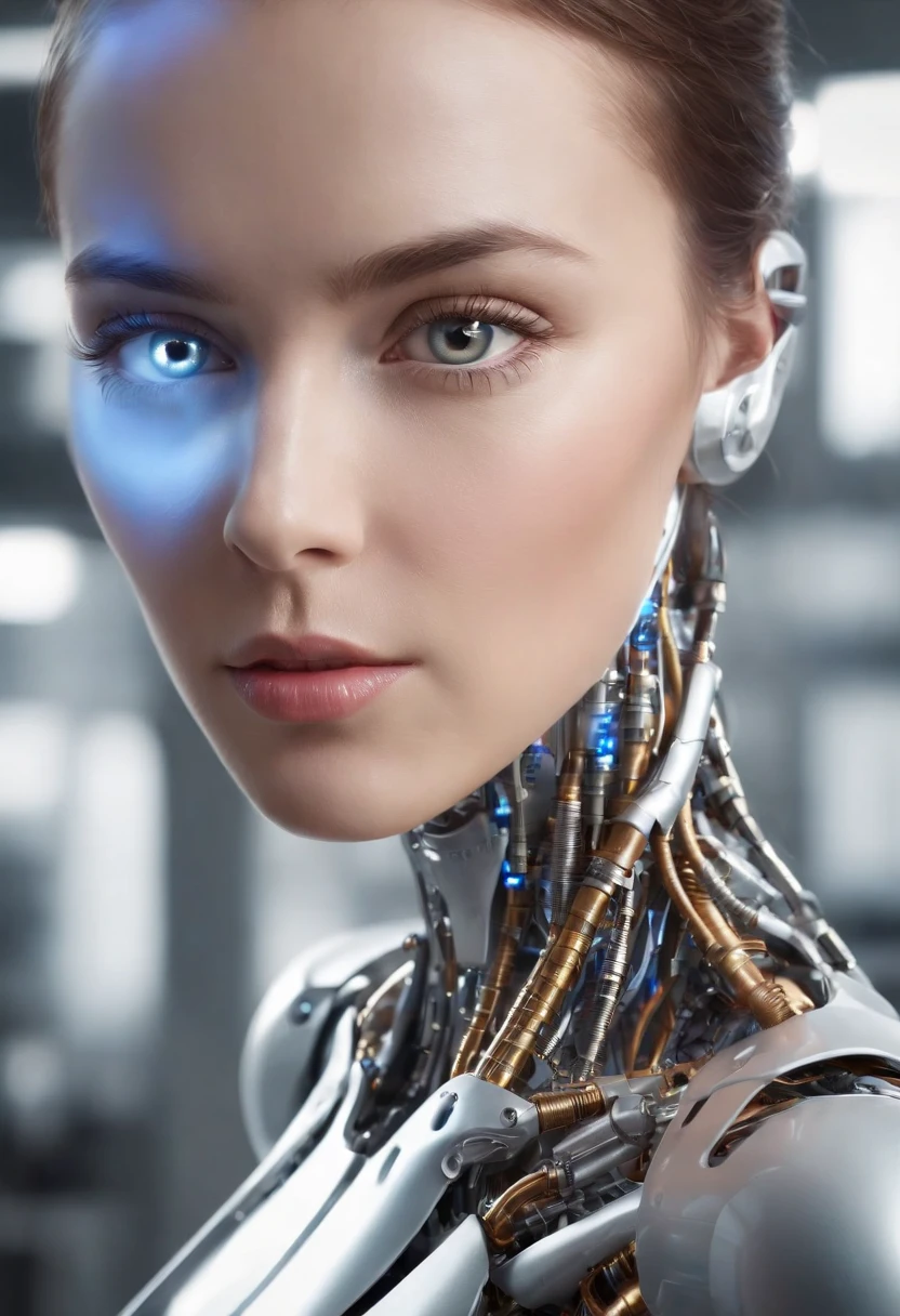 A close up of a woman with a robot face and a blue light - SeaArt AI