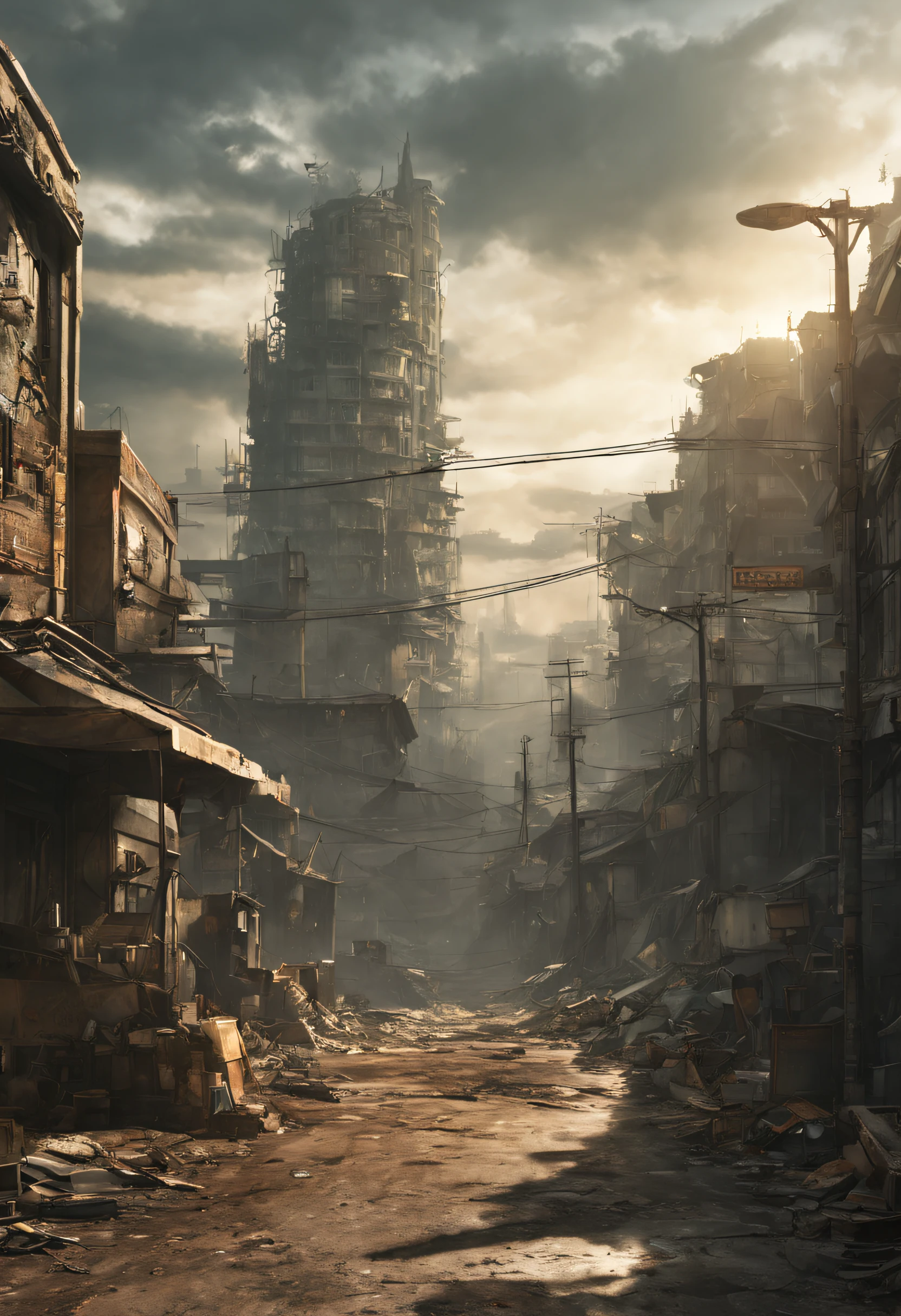 background of resident evil game, post - apocalyptic style, post apocalyptic world, set in post apocalyptic tokyo, post - apocalyptic, Mountains surround the city，World view，The end of the world, postapocalyptic, Resident Evil, post - apocalyptic vibe, postapocalyptic, post apocalyptic tokyo, The resonance of Tower of Destiny's art, in a post-apocalyptic wasteland，Post-apocalyptic street，The City of Doom, Post-apocalyptic view, post - apocalyptic vibe，movie picture quality，Best light and shadow detail，Best architectural details，best qualtiy，Game CG quality