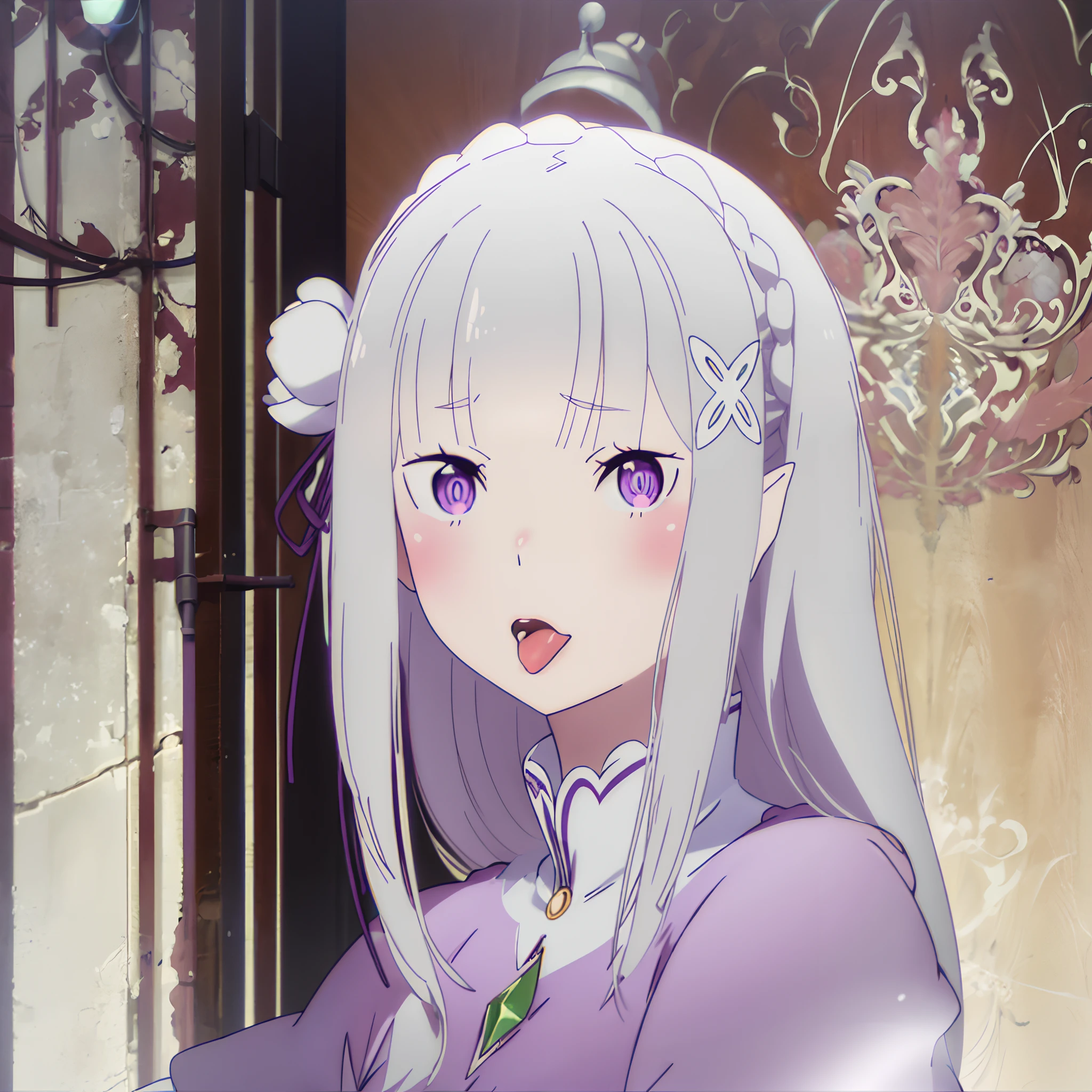 Anime girl with long white hair and purple dress looking at camera - SeaArt  AI