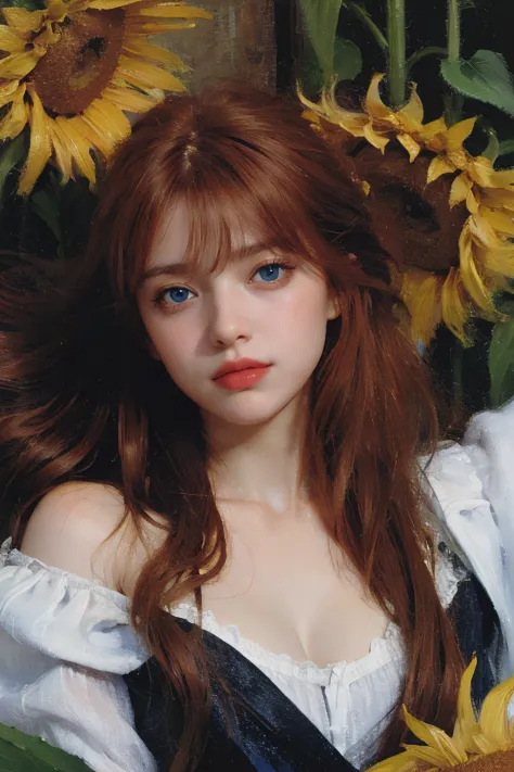 (oil painting:1.5),
\\
a woman with (long redhead wavy hair with bangs), ((blue eyes)) and sunflowers in her hair is laying down in a field of sunflowers, (amy sol:0.248), (stanley artgerm lau:0.106), (a detailed painting:0.353), (gothic art:0.106)