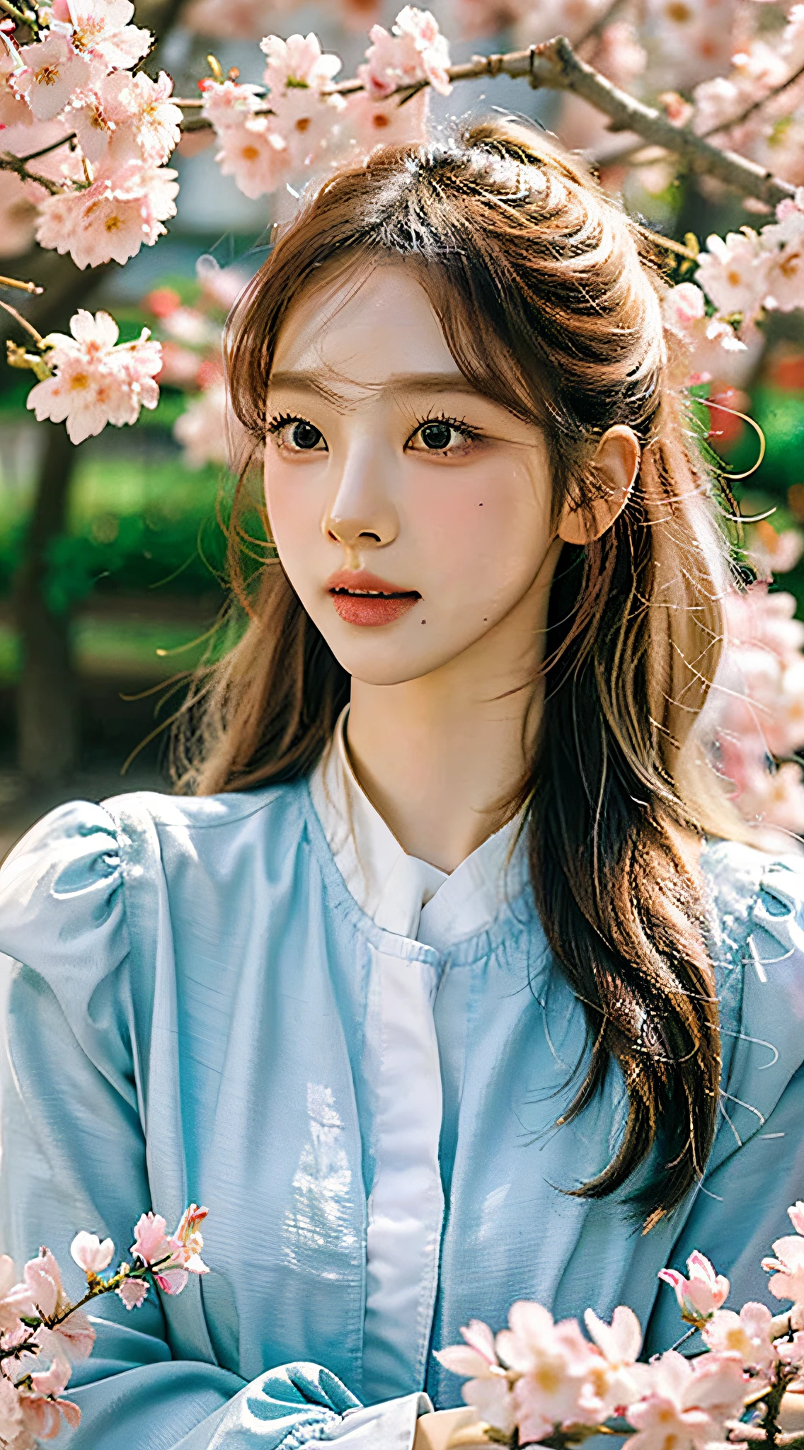 Best quality, Realistic, Photorealistic, extremely detaile, An extremely delicate and beautiful, RAW photo, Korean beauty，South Korean beauties，Girl in JK uniform, Vibrant colors, Detailed eyes and lips, Beautiful hair, blonde hair, joyful expressions, Surrounded by cherry blossom trees, It has a kawaii anime style, In a picturesque garden full of sunshine. The artwork is of the best quality, With ultra-detailed features and realistic, Realistic touch. vibrant with colors，The lighting creates a warm atmosphere, Dreamy atmosphere.