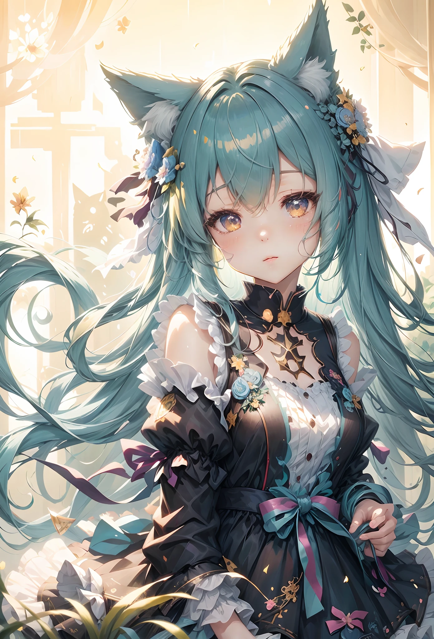 anime girl in white dress with teal hair and cat ears with brown ayes, mikudayo, anime style 4 k, anime moe artstyle, anime girl in whte dress with teal hair and brown ayes, official artwork, nightcore, trending on artstation pixiv, hatsune miku portrait, pixiv daily ranking, pixiv style, pixiv, detailed key anime art